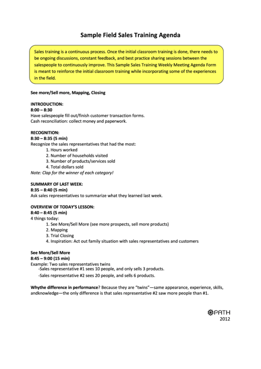 Sample Field Sales Training Agenda Printable pdf
