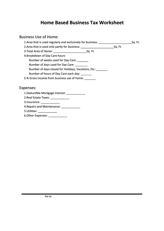 Home Based Business Tax Worksheet Printable pdf