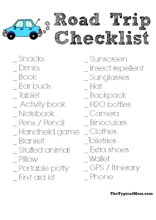 Road Trip Checklist Printable pdf