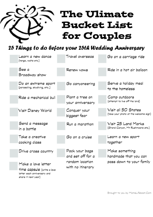 The Ultimate Bucket List For Couples - 25 Things To Do Before Your 25th Wedding Anniversary Printable pdf