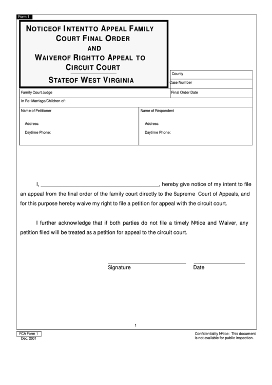 Notice Of Intent To Appeal Family Printable pdf