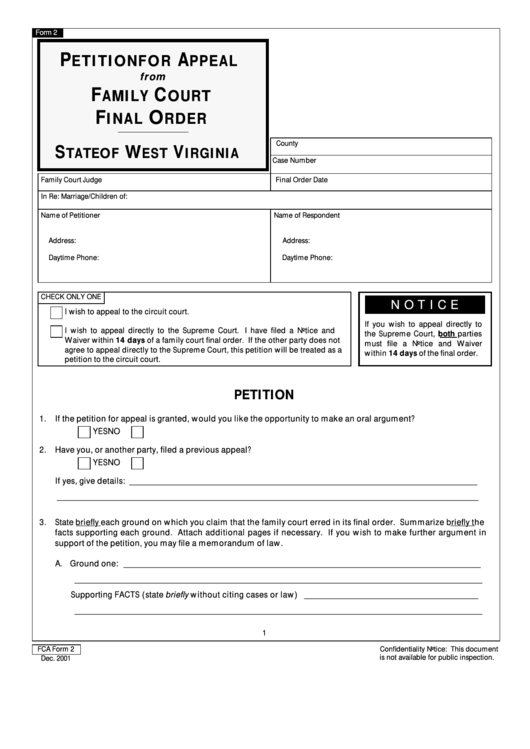 Petition For Appeal From Family Court Final Order Printable pdf
