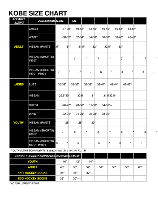 Kobe Apparel Sizing Chart Printable pdf