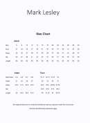 Mark Lesley Clothing Size Chart