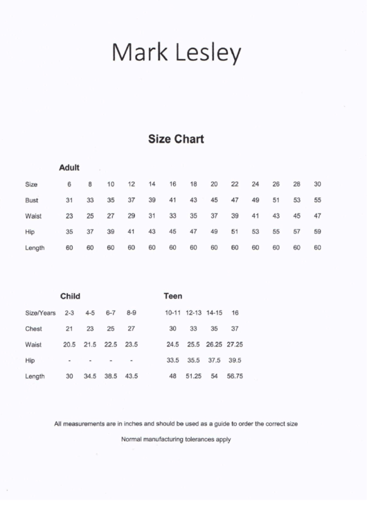 Mark Lesley Clothing Size Chart Printable pdf
