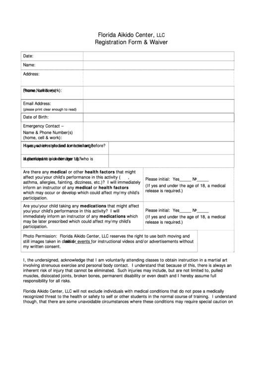 Florida Aikido Center Llc Registration Form Printable pdf