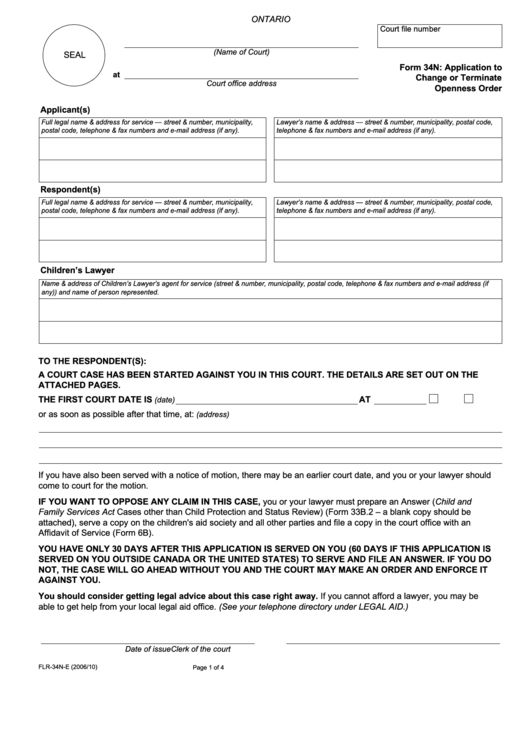 Fillable Application To Change Or Terminate Openness Order Printable pdf