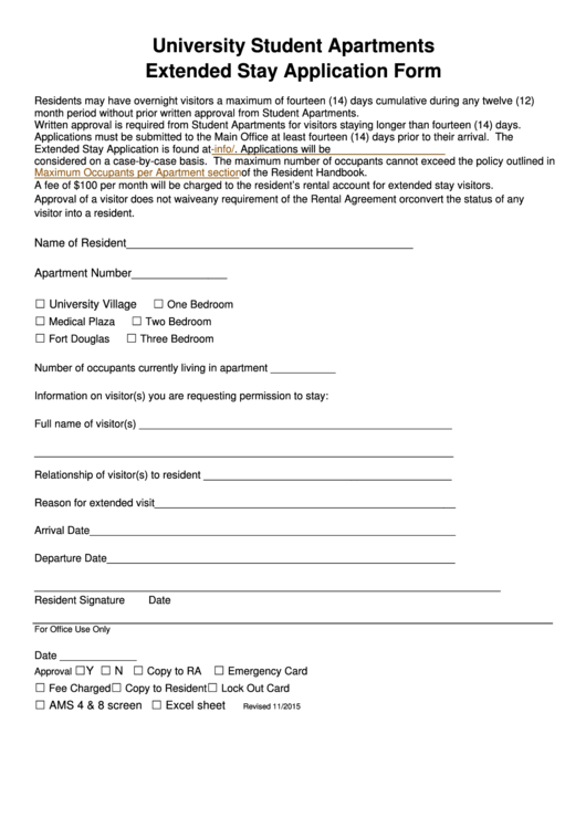 University Student Apartments Extended Stay Application Form Printable pdf
