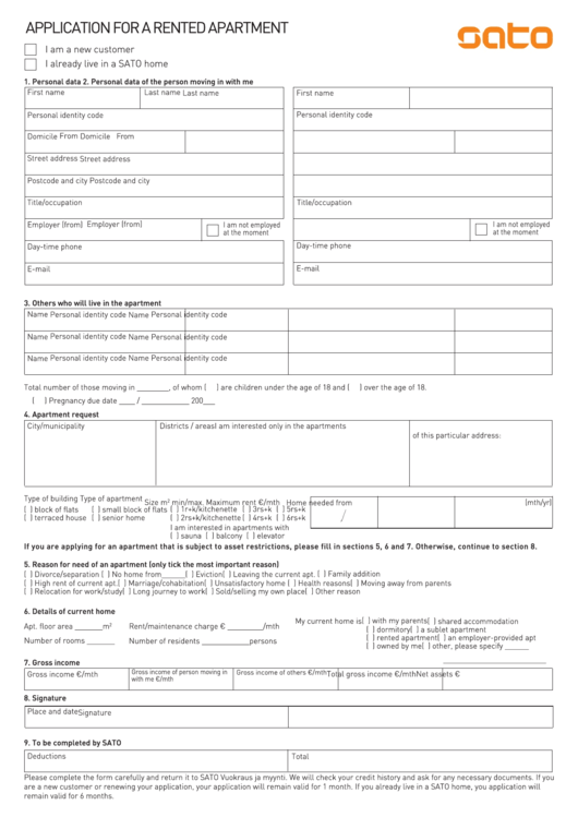 Application For A Rented Apartment - Sato Printable pdf