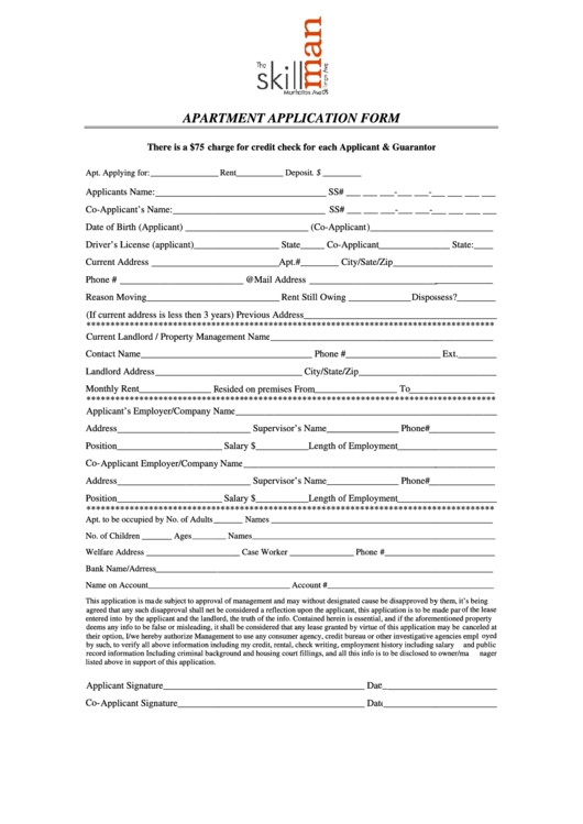 Apartment Application Form Printable pdf