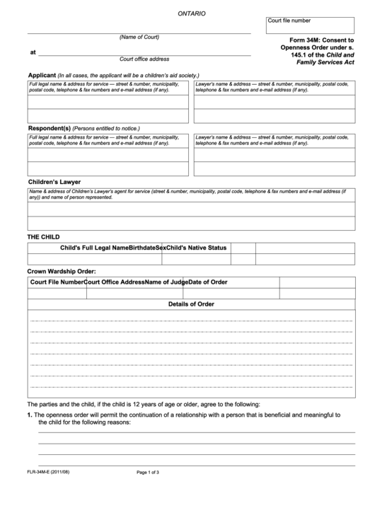 Fillable Consent To Openness Order Printable pdf
