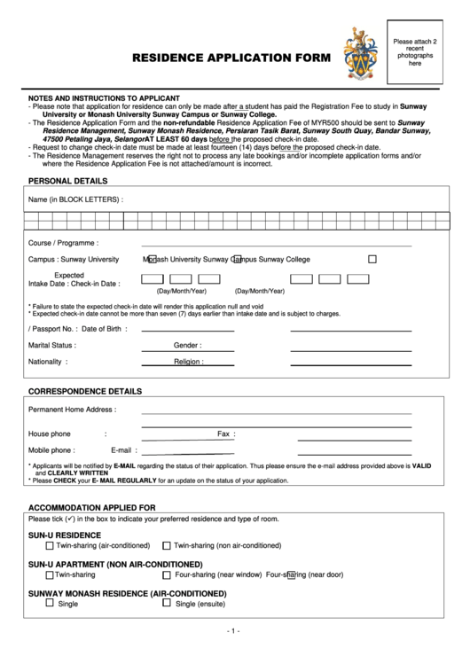 Residence Application Form Printable pdf