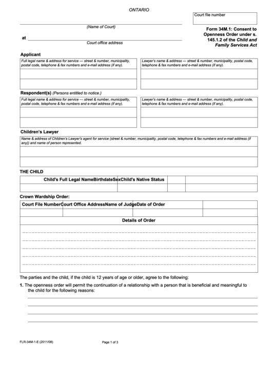 Fillable Consent To Openness Order Printable pdf