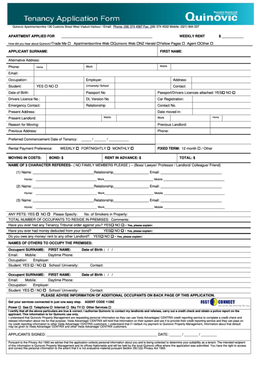 Tenancy Application Form Quinovic - Apartmentsonline Printable pdf