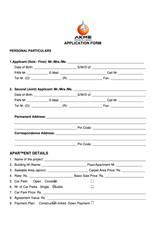 Application Form Apartment Details - Akme Projects Printable pdf