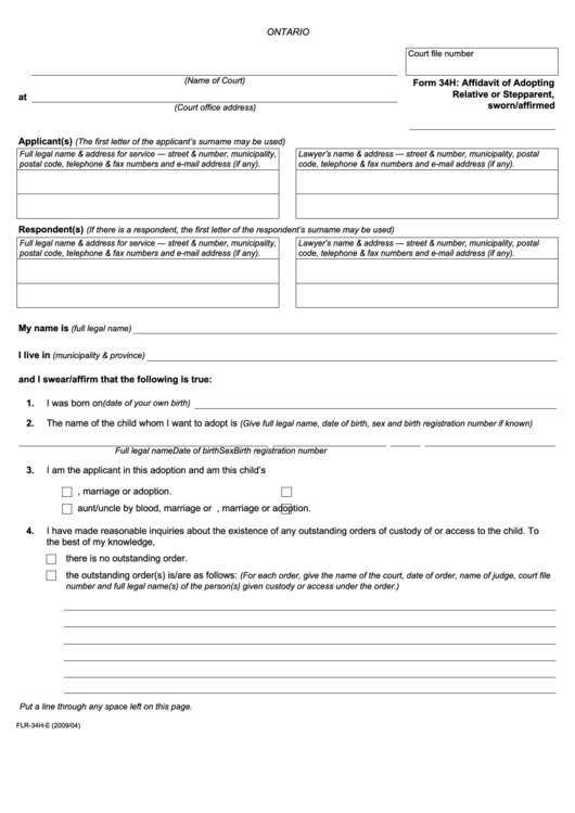 Fillable Affidavit Of Adopting Relative Or Stepparent Printable pdf