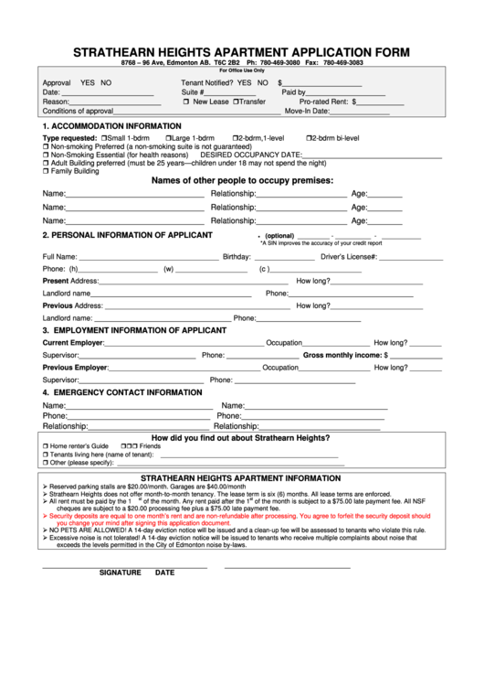 Strathearn Heights Apartment Application Form Printable pdf