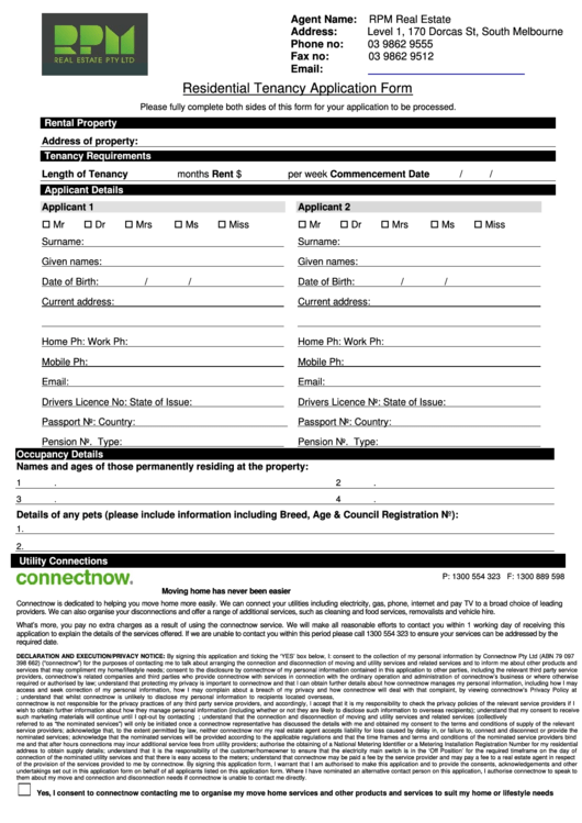 Residential Tenancy Application Form - Rpm Real Estate Group Printable pdf