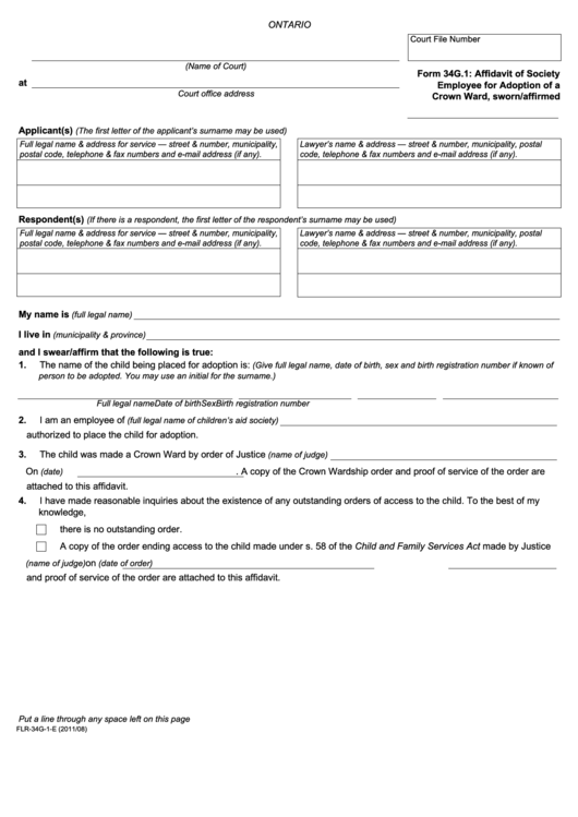Fillable Affidavit Of Society Employee For Adoption Of A Crown Ward Printable pdf