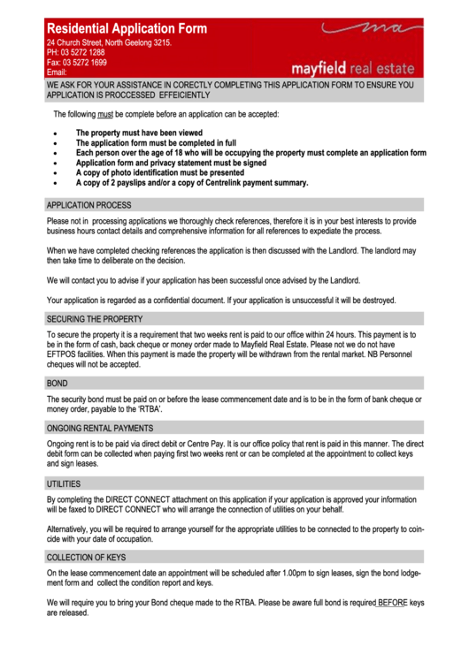 Residential Application Form Mayfield Real Estate Printable pdf