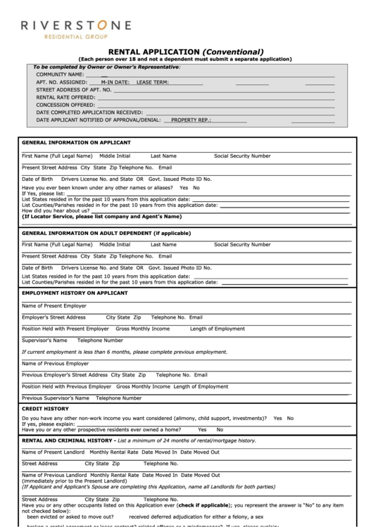 Rental Application Conventional Printable pdf