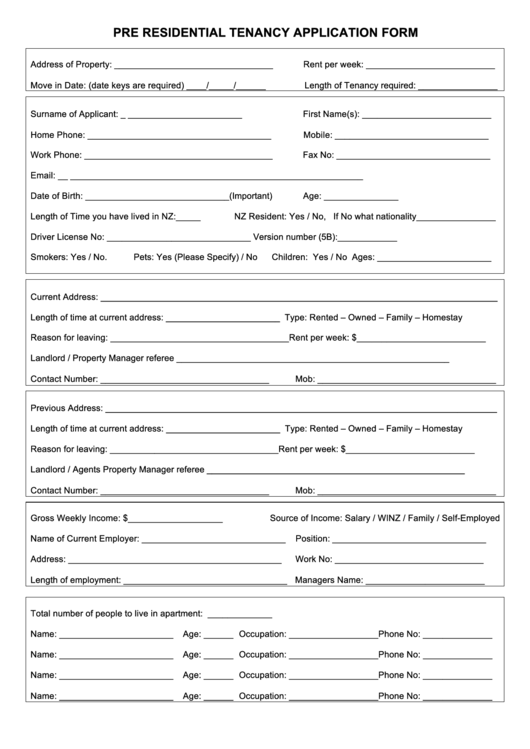 Pre Residential Tenancy Application Form Printable pdf