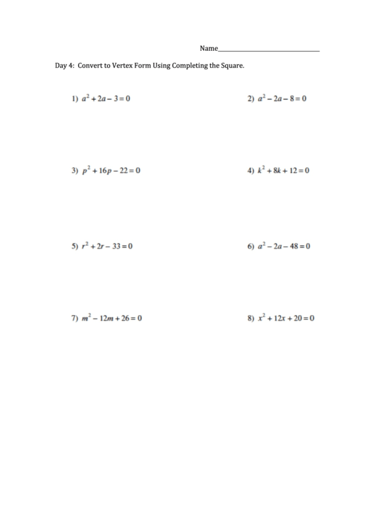 Convert To Vertex Form Using Completing The Square Printable pdf