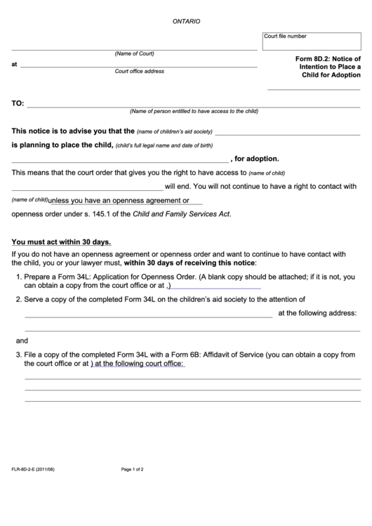 Fillable Notice Of Intention To Place A Child For Adoption Printable pdf