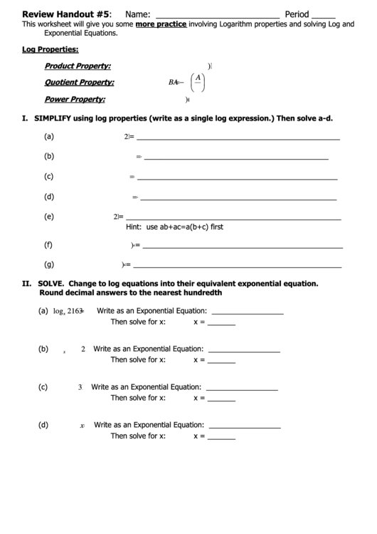 Logarithm Properties And Solving Log And Exponential Equations Worksheet Printable pdf