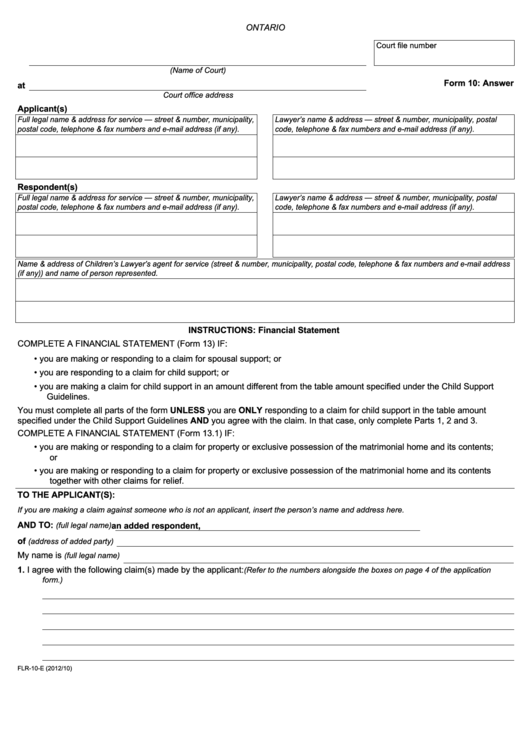 Fillable Form 10 Answer Printable pdf