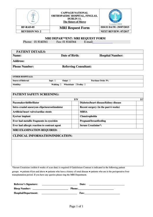 Mri Request Form Printable pdf