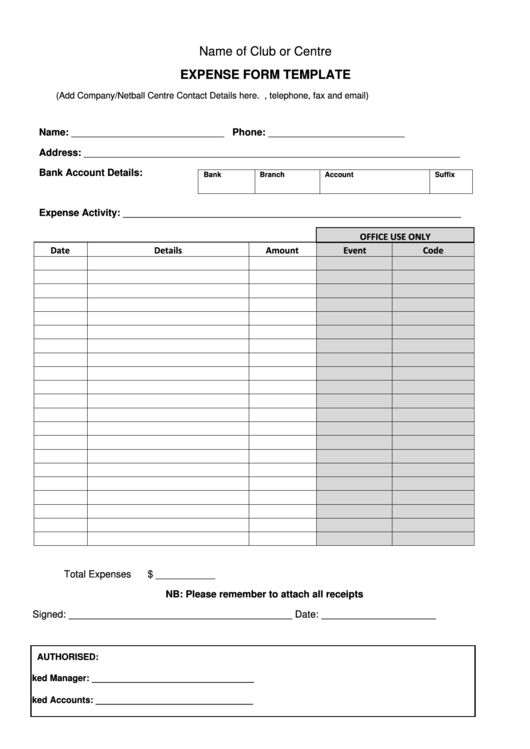 Expense Form Template Printable pdf