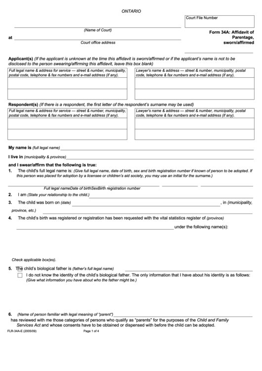 Fillable Affidavit Of Parentage Printable pdf