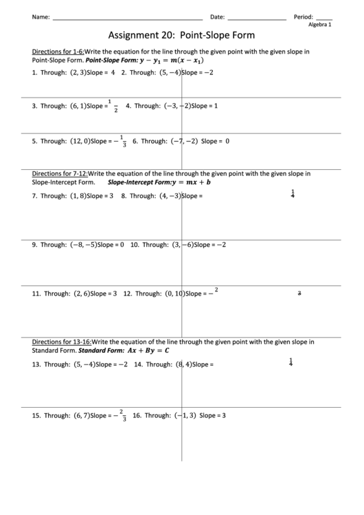 Assignment 20 Point Slope Form Printable pdf