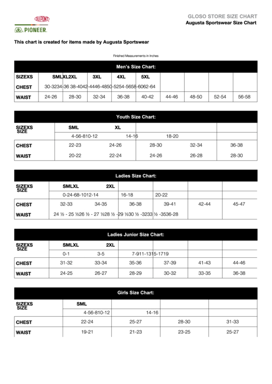 Augusta Sportswear Size Chart printable pdf download