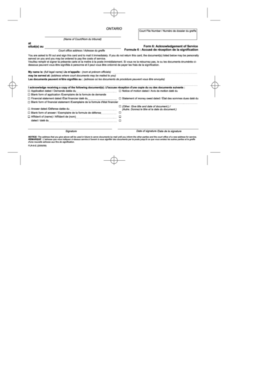 Fillable French Ontario Court Form Acknowledgement Of Service Printable pdf