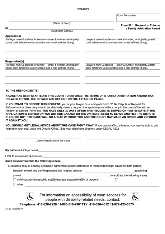 Fillable Request To Enforce A Family Arbitration Award Printable pdf