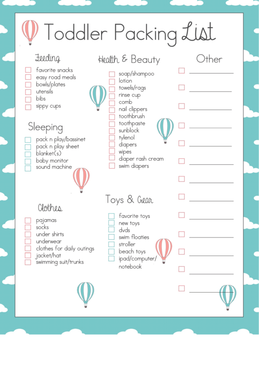 Toddler Packing List Printable pdf