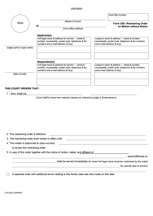 Fillable Restraining Order On Motion Without Notice Printable pdf