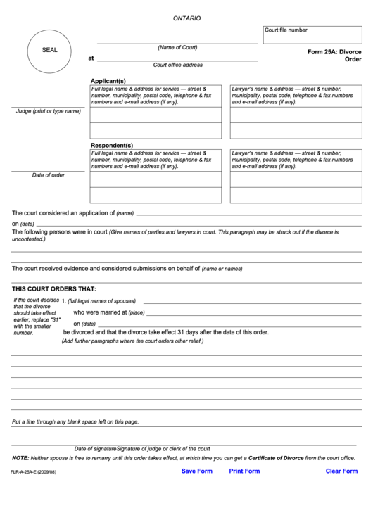 Fillable Divorce Order Printable pdf
