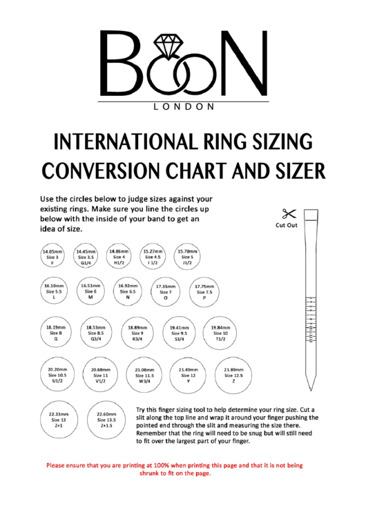 Boon London International Ring Sizing Conversion Chart And Sizer Printable pdf