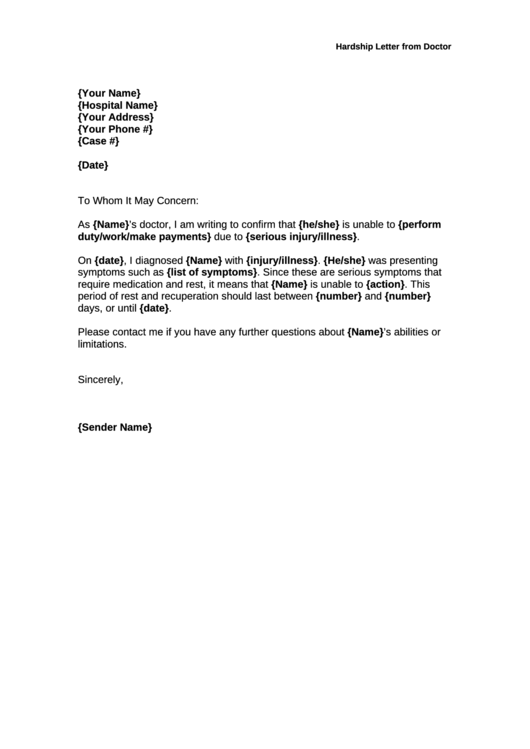 Hardship Letter From Doctor Printable pdf