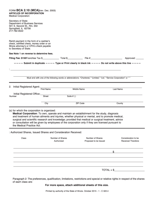 Fillable Form Bca 2.10 (Mca) - Articles Of Incorporation Medical Corporation Printable pdf