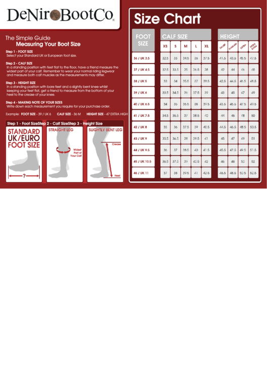 Deniro Boot Co. Size Chart Printable pdf