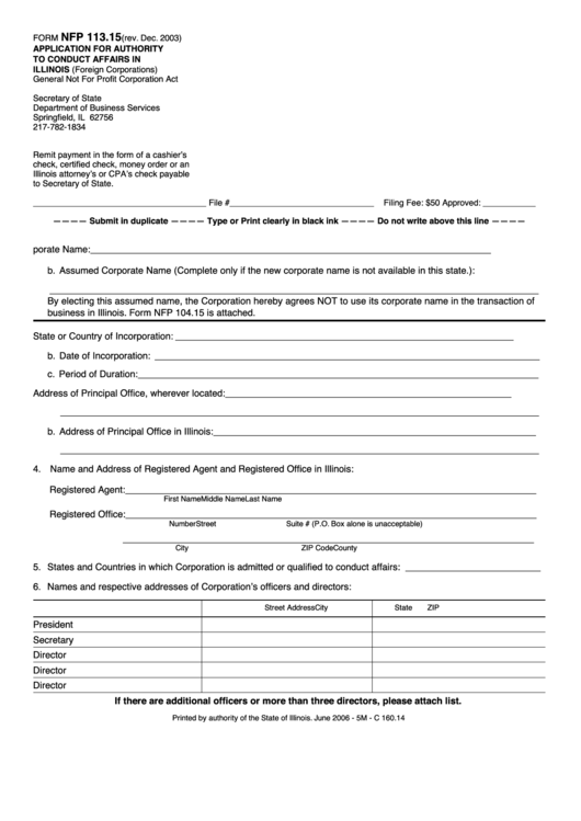 Fillable Form Nfp 113.15 - Application For Authority To Conduct Affairs In Illinois (Foreign Corporations) - Illinois Secretary Of State Printable pdf