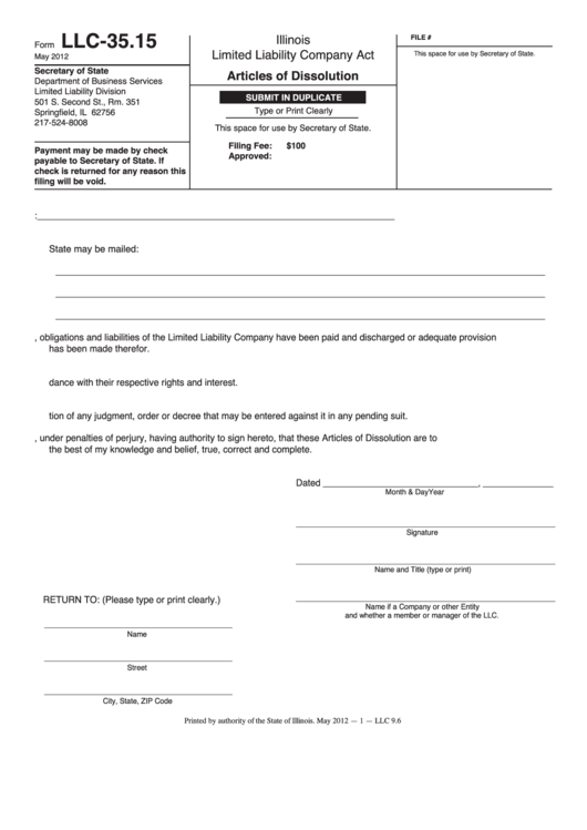 Fillable Form Llc-35.15 - Articles Of Dissolution Formillinois Limited Liability Company Act - Illinois Secretary Of State Printable pdf
