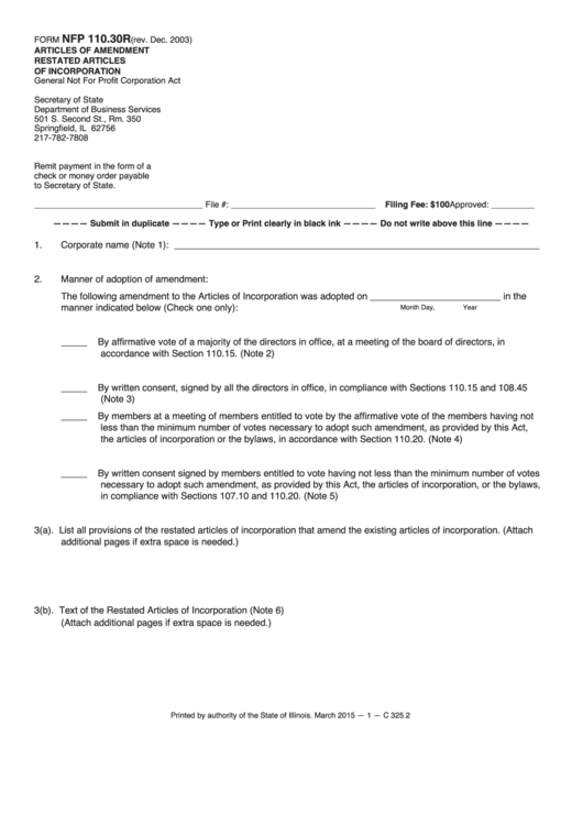 Fillable Form Nfp 110.30r - Articles Of Amendment Restated Articles Of Incorporation Printable pdf