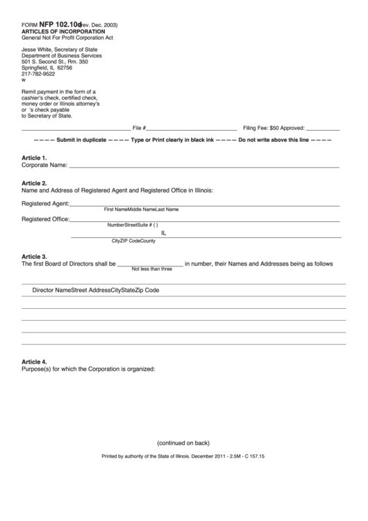 Fillable Form Nfp 102.10 -Articles Of Incorporation - 2003 Printable pdf