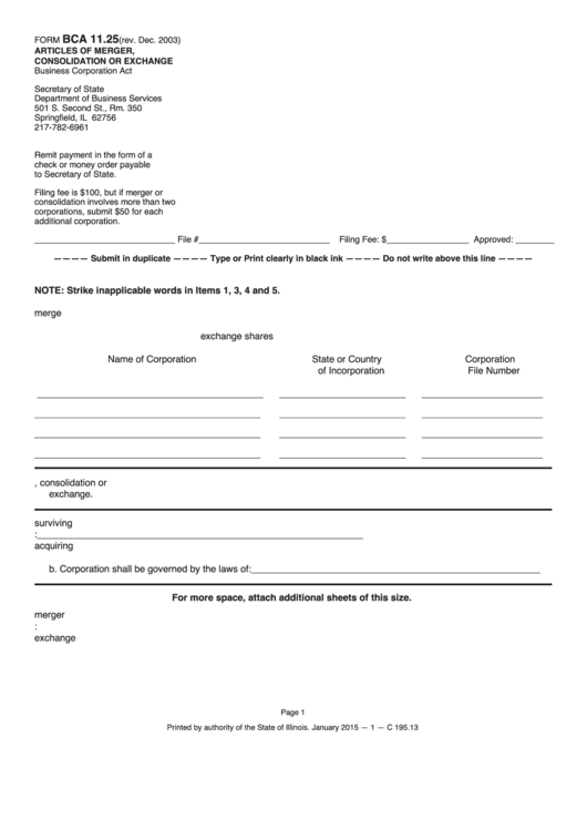Fillable Form Bca 11.25 - Articles Of Merger, Consolidation Or Exchange Printable pdf