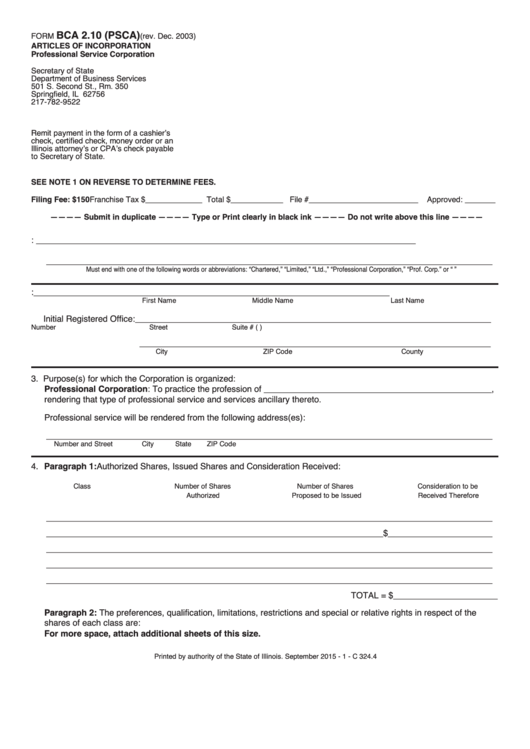 Fillable Form Bca 2.10 (Psca) - Articles Of Incorporation Professional Service Corporation Printable pdf